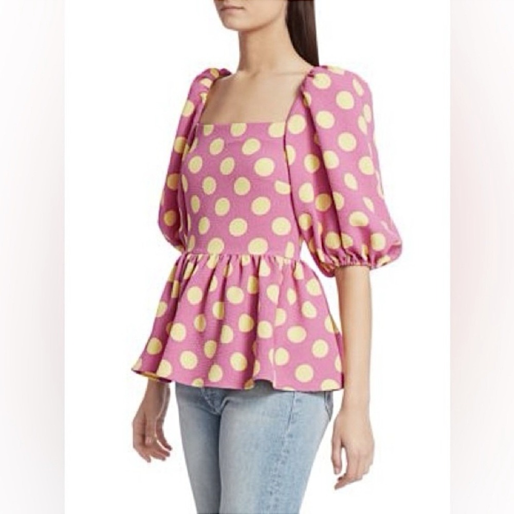 Stine Goya Polka Dot Peplum Top Womens XS Preppy Colorful Party Cottagecore Pink